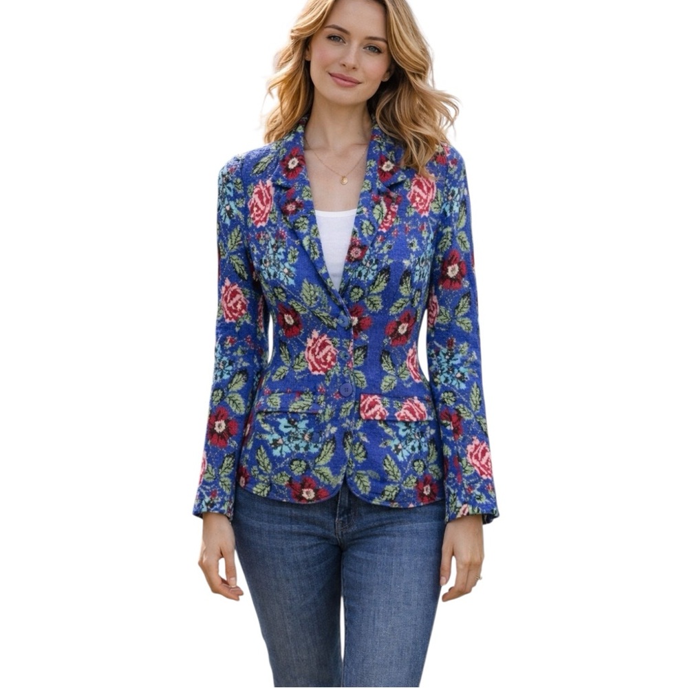 Aldomartins Floral Knit Blazer Cardigan Blue Wool Intarsia Women Sz 2